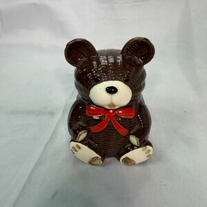 Vintage‎ Otagiri Japan Ceramic Teddy Bear Coin Bank Woven Basket Texture OMC